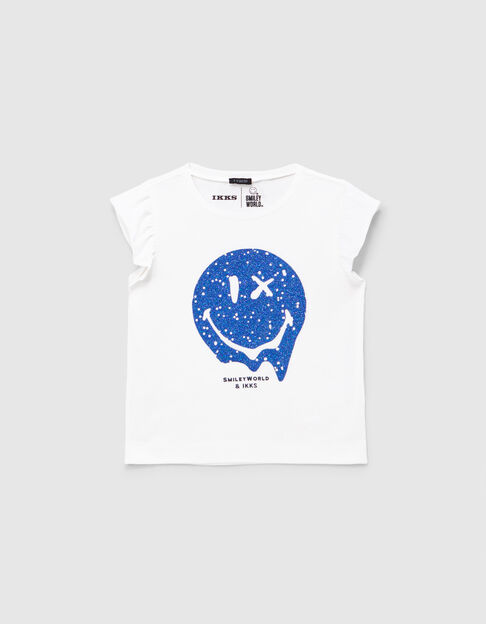 Girls’ white T-shirt with glittery blue SMILEYWORLD print