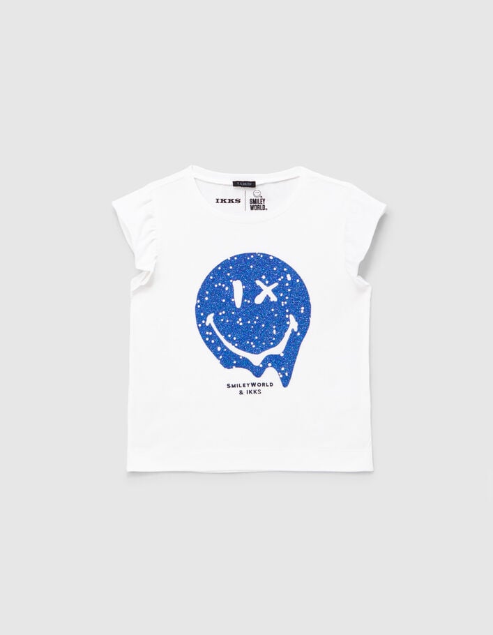 Girls’ white T-shirt with glittery blue SMILEYWORLD print - IKKS