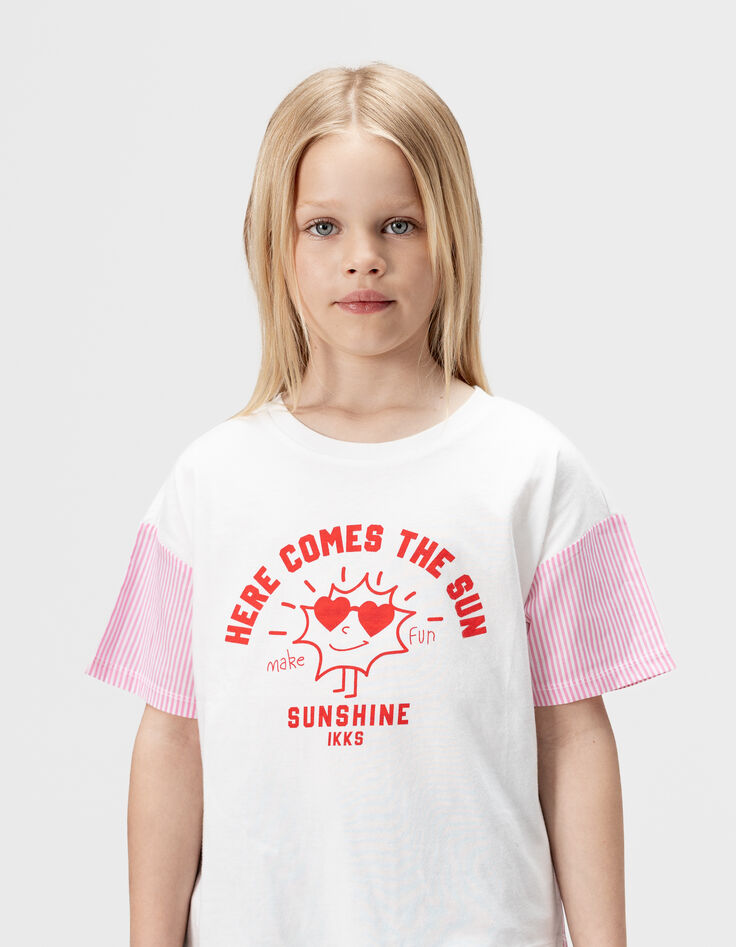 Girls’ white short-sleeved T-shirt with pink stripes-3
