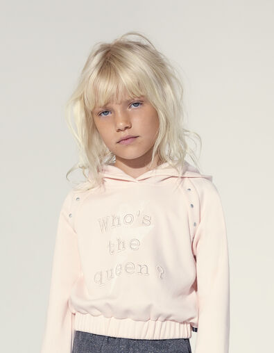 Girls’ pale pink hoodie with rivets and embroidered slogan - IKKS