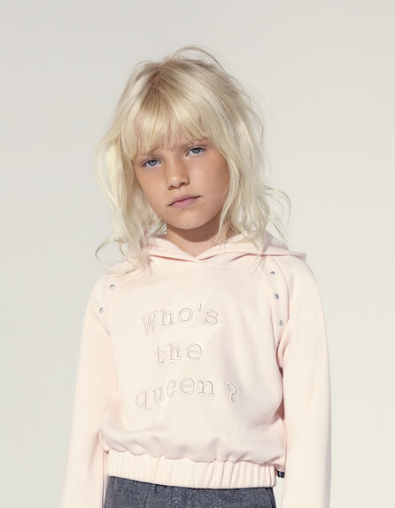 Girls’ pale pink hoodie with rivets and embroidered slogan