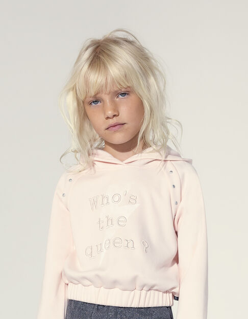 Girls’ pale pink hoodie with rivets and embroidered slogan