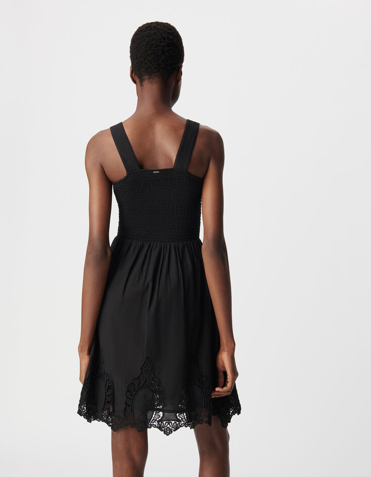 Robe noire smockée borderie dentelle Femme-3