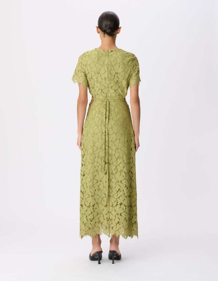 Robe longue verte dentelle d&eacute;coupes c&ocirc;t&eacute;s Femme-2