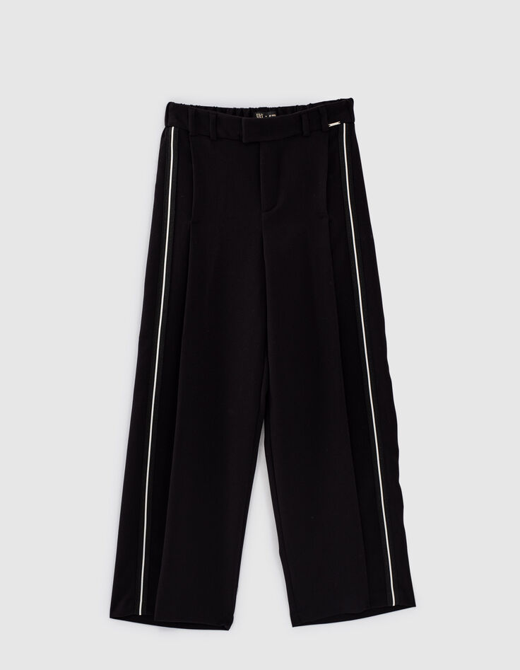 Pantalón negro ancho con pliegue y tiras laterales niña-1 Pantalón negro ancho con pliegue y tiras laterales niña-1