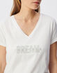 Women's white V-neck tee with embroidered message-4