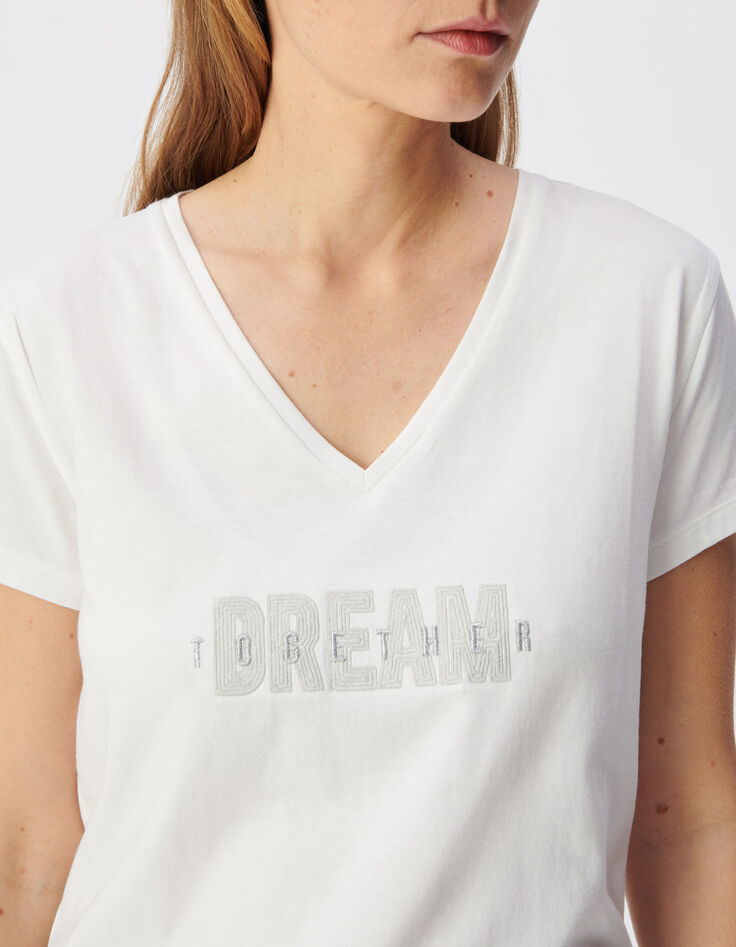 Women's white V-neck tee with embroidered message-4