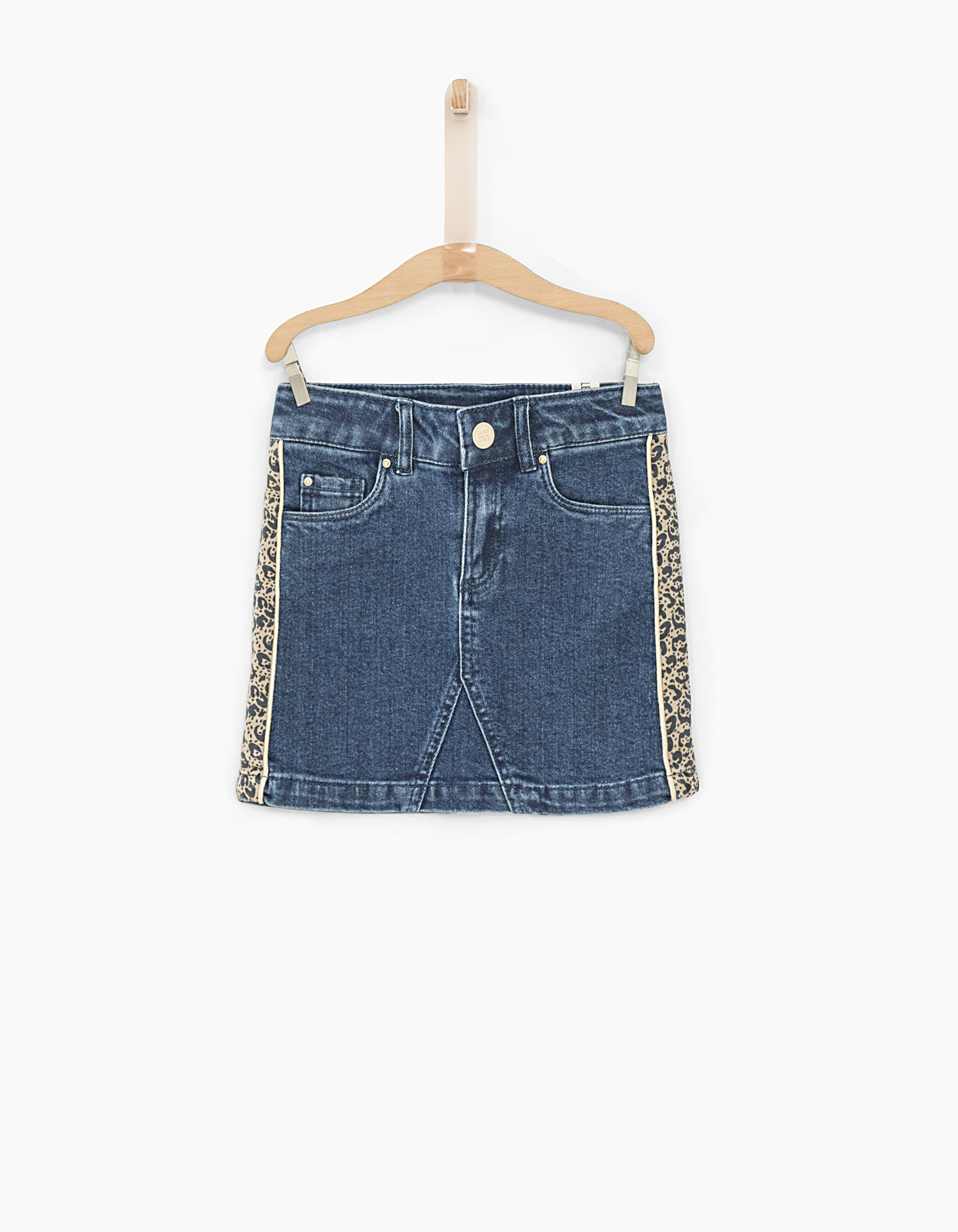 Girls stone blue denim and leopard skirt