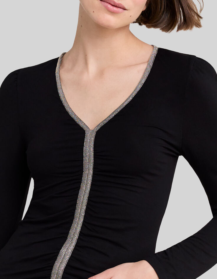 Schwarzes Damen-T-Shirt Metallic-Mesh-Saum-4