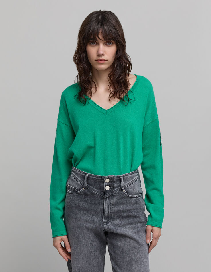 Jersey de punto verde 100% cachemira para mujer-2