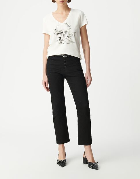 Jean droit noir d&eacute;cor strass noirs longueur cropped Femme - IKKS