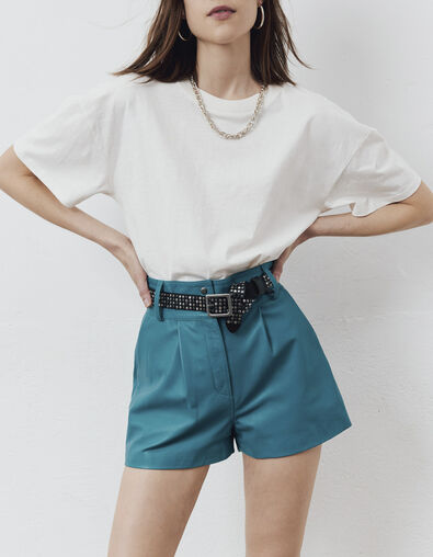 Short taille haute en cuir certifié bleu émeraude femme - IKKS