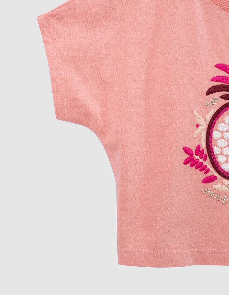 Korallenrotes Mädchen-T-Shirt mit Maxi-Ananasstickerei-6