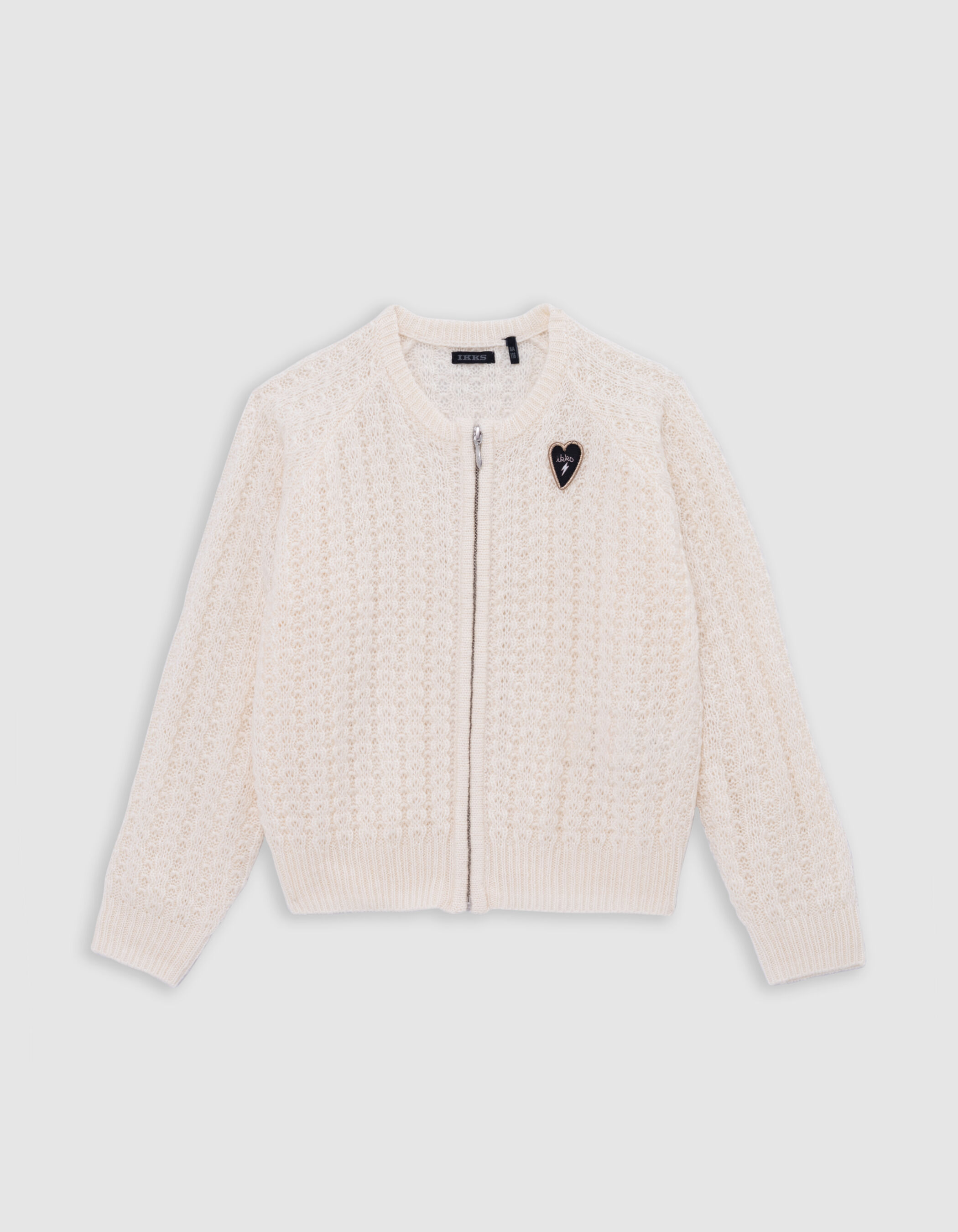 Girl's ecru cardigan with zipper and fancy openwork knit