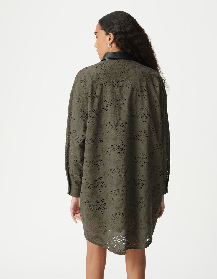 Vestido camisero caqui algodón orgánico broderie anglaise Mujer-3