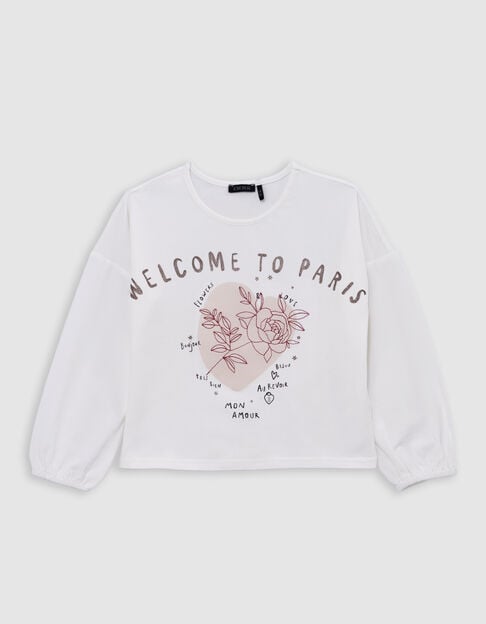 Camiseta de niña en color crudo con mensaje y flor bordada - IKKS