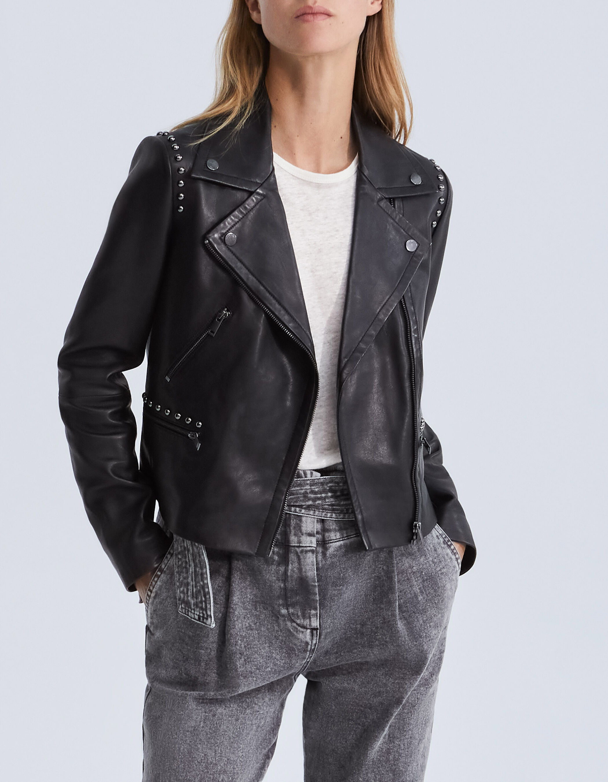 Veste en cuir noir cloutee esprit motard Femme IKKS
