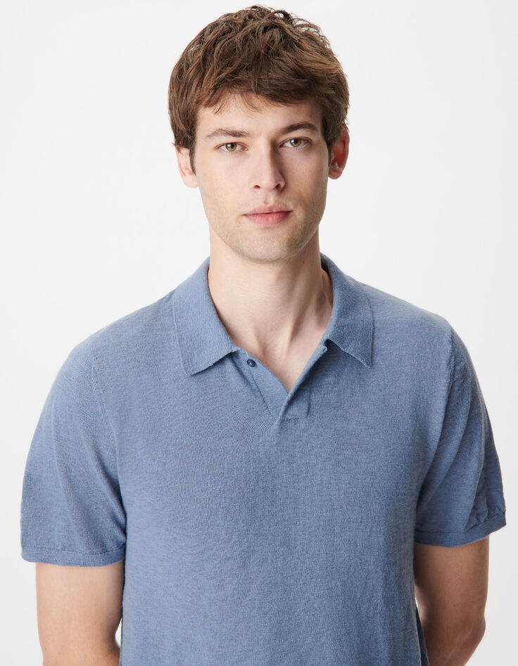 Men's blue cotton flamed short-sleeve polo shirt-4