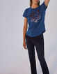 Blauw linnen T-shirt fluwelen flocking voor-2
