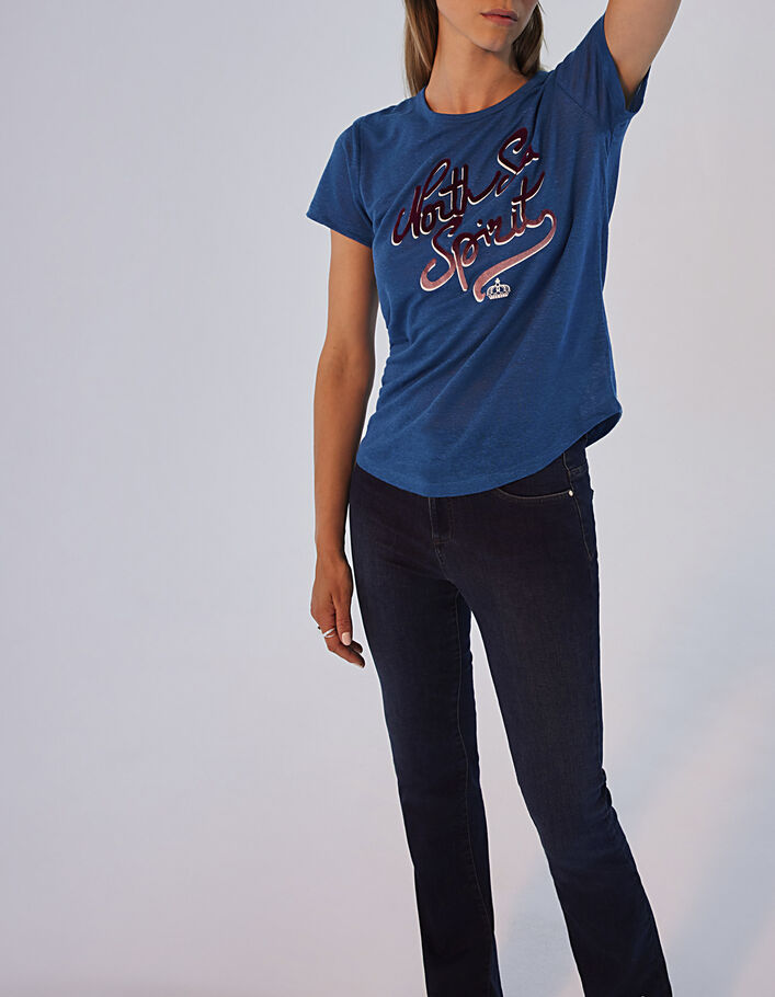 Camiseta de lino azul visual flocado terciopelo mujer - IKKS
