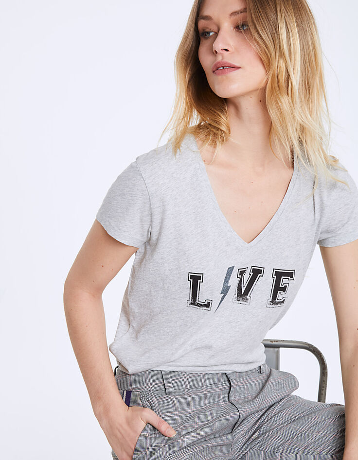 Tee-shirt col V en coton visuel Love femme-1