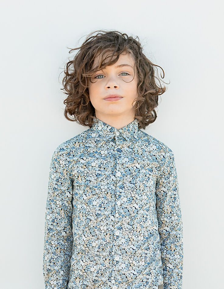 Chemise blanc cassé tissu Liberty fleurs bleues garçon -1