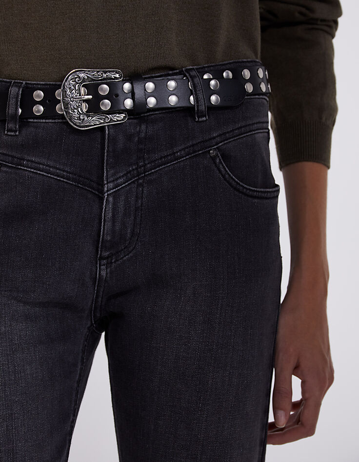 Ceinture jean cuir noir boucle western clous bijoux femme-4
