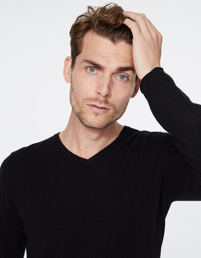 Pull noir col V en cachemire Homme - IKKS