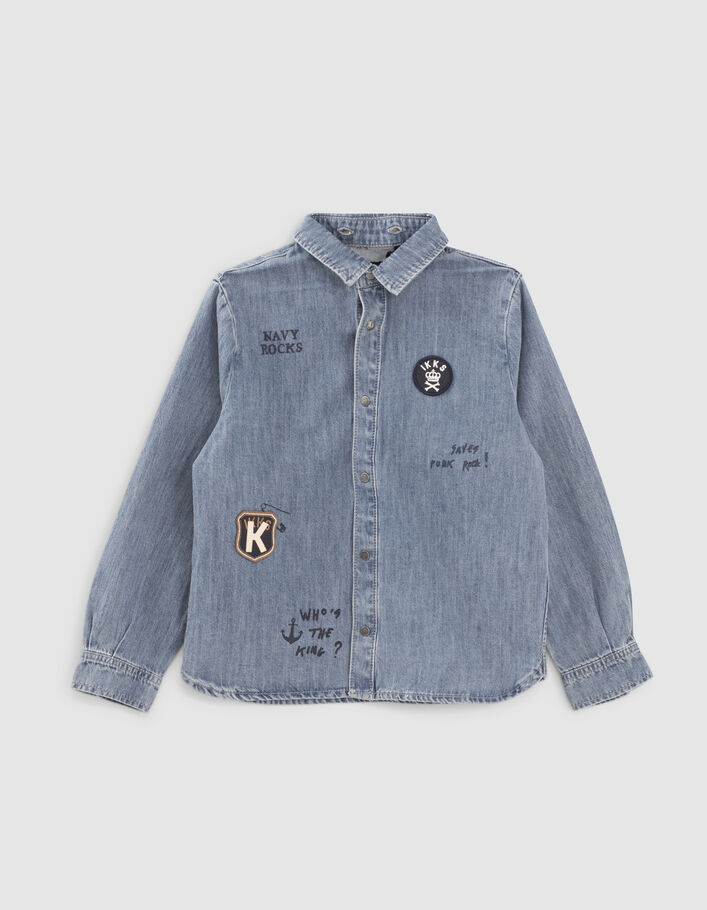Boys' light blue denim shirt with badge and hood IKKS