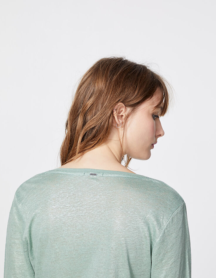 Camiseta verde almendra manga larga lino foil mujer-3