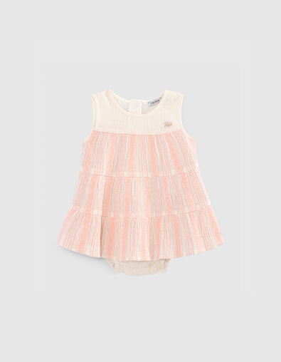 Robe écrue rayures tissées pêche et bloomer bébé fille - IKKS