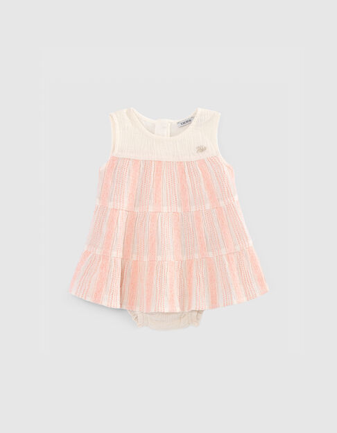 Robe écrue rayures tissées pêche et bloomer bébé fille - IKKS