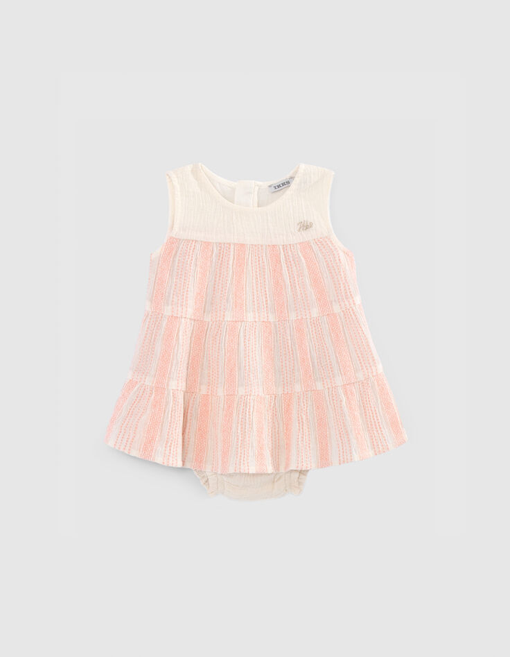 Robe écrue rayures tissées pêche et bloomer bébé fille-1