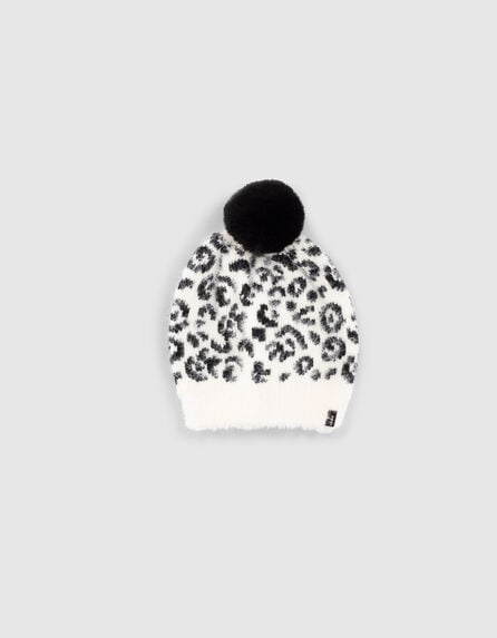 Bonnet écru tricot motif léopard fourré fille