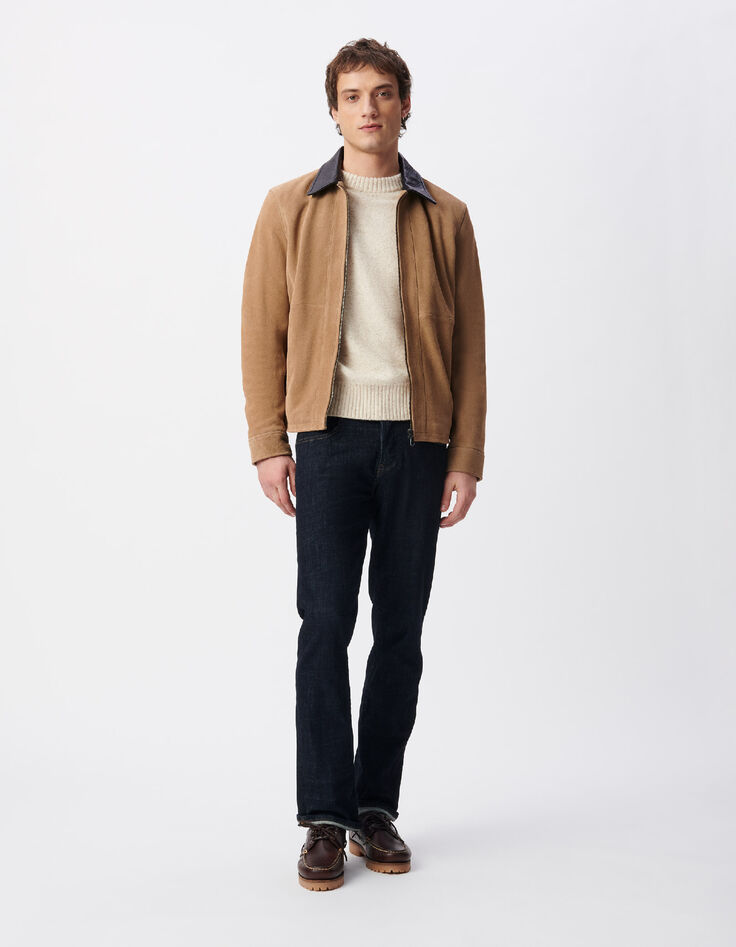 Beiger Velourslederjacke schwarzer Kragen-2