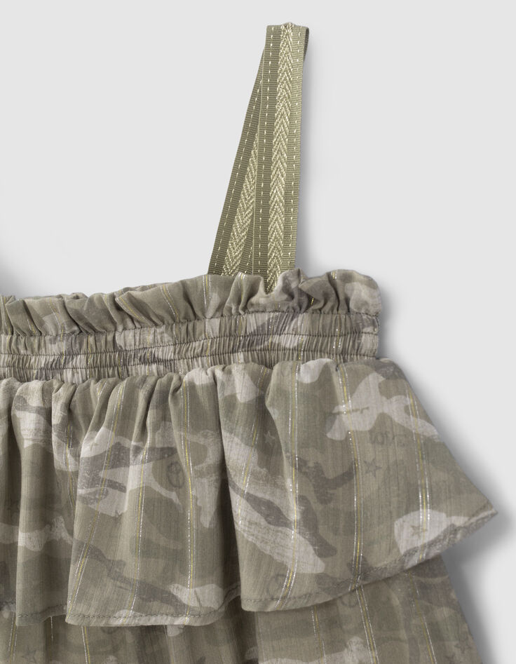 Khaki Mädchentop mit Camouflageprint und Streifen-5