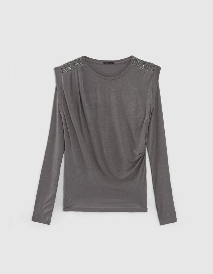 Graues Damen-T-Shirt mit kleinen Perlen an den Schultern-6