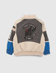 Beige, blaue und graue Jungenjeansjacke mit Patches-3