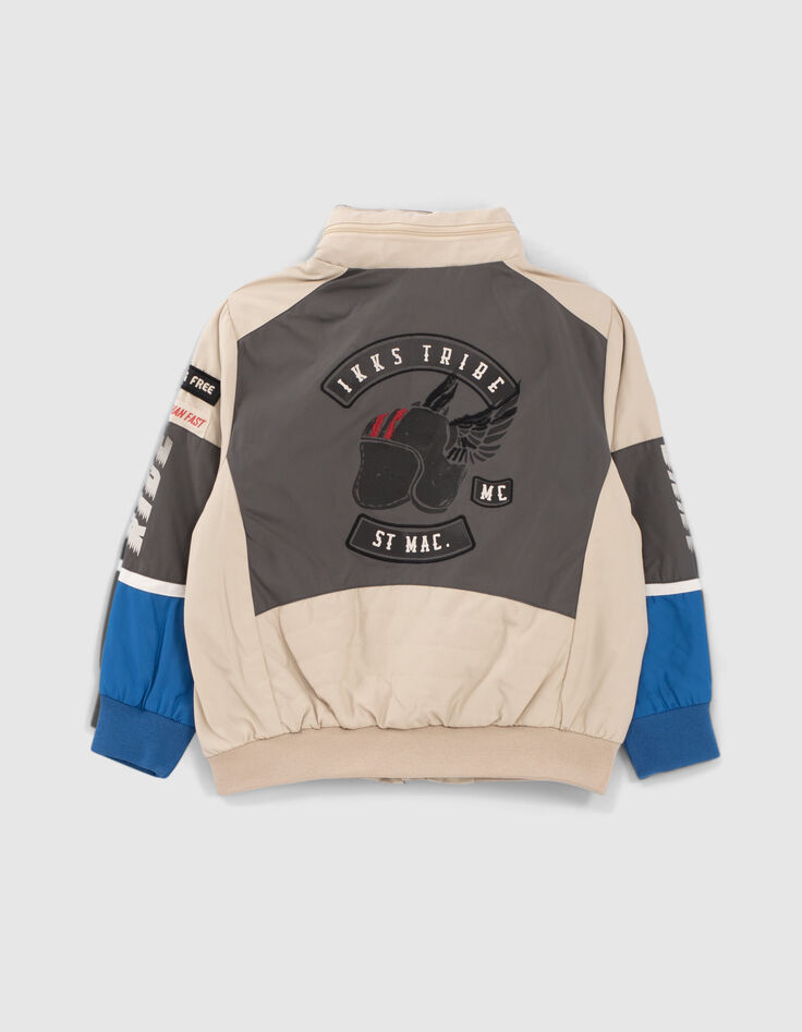 Beige, blaue und graue Jungenjeansjacke mit Patches-3