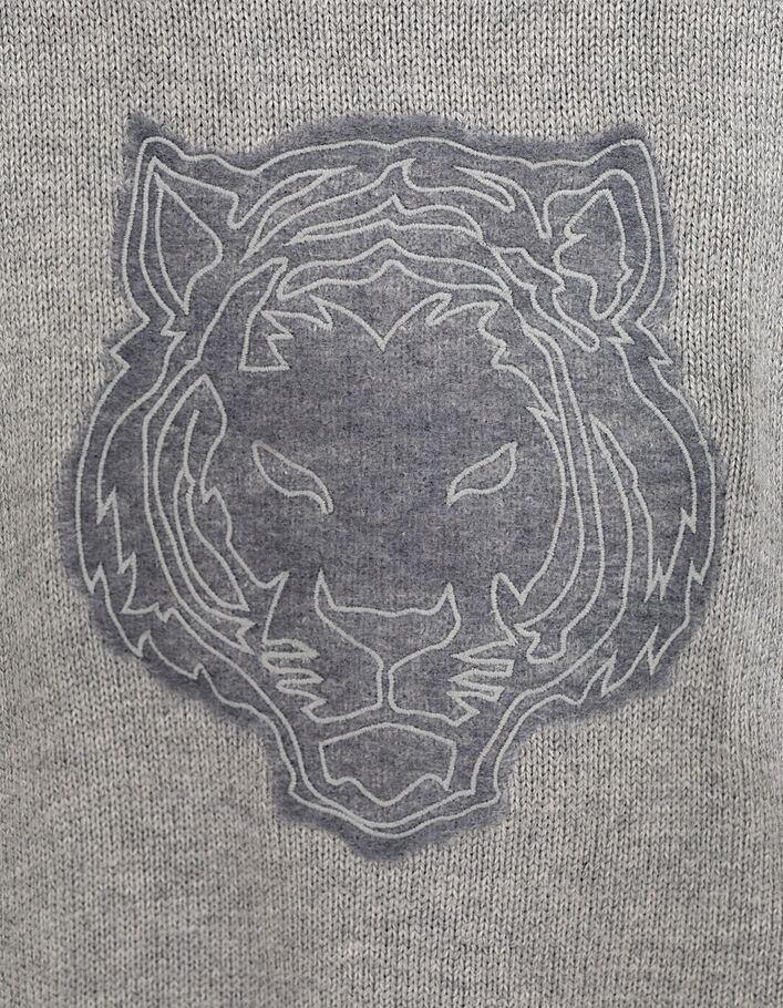 Grijze sweater twee materialen geborduurde tijgerkop - IKKS