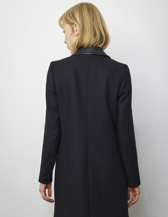 Women’s black shirt collar coat, grey trompe l'œil band - IKKS