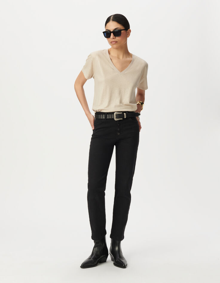 Camiseta manga corta beige irisado acanalada mujer-1