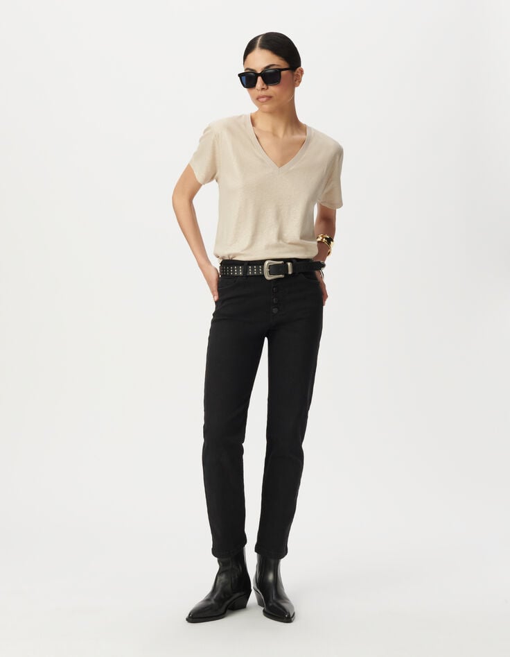Camiseta manga corta beige irisado acanalada mujer-1 Camiseta manga corta beige irisado acanalada mujer-1