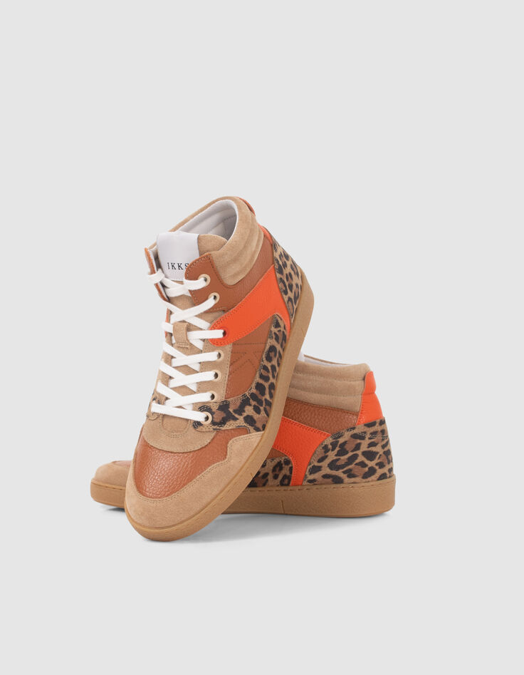 Women’s beige, orange and leopard  leather mix trainers-6