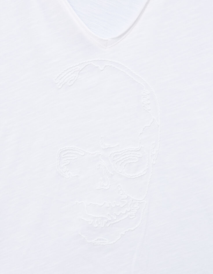 Tee-shirt col V blanc coton bio broderie t&ecirc;te de mort Femme-6