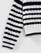 Pull écru tricot torsadé et rayures marine fille-4