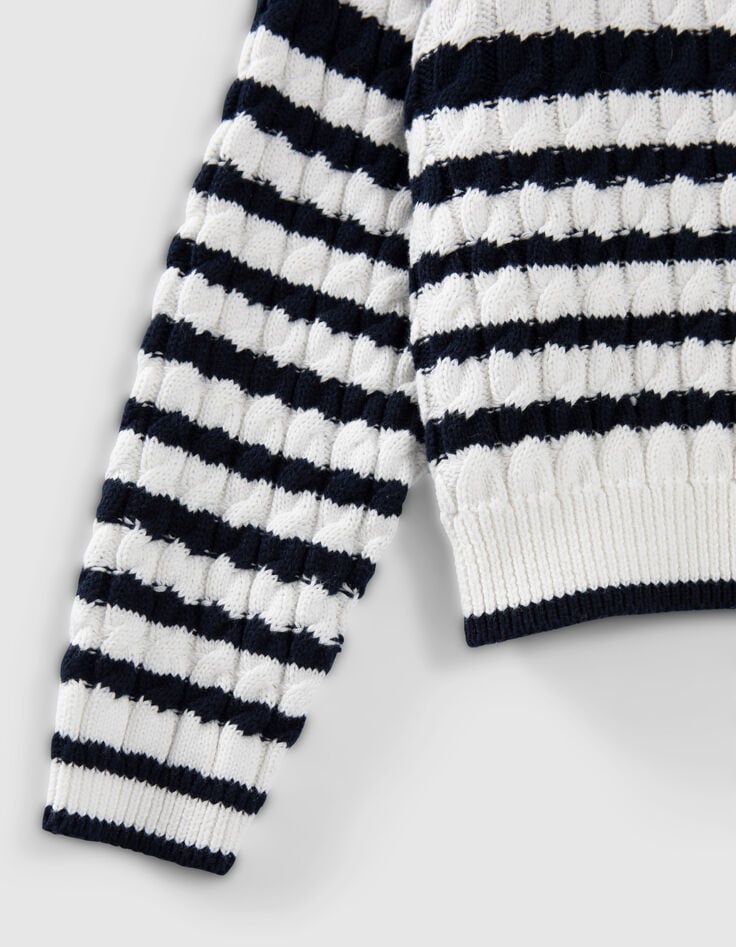 Pull écru tricot torsadé et rayures marine fille-4