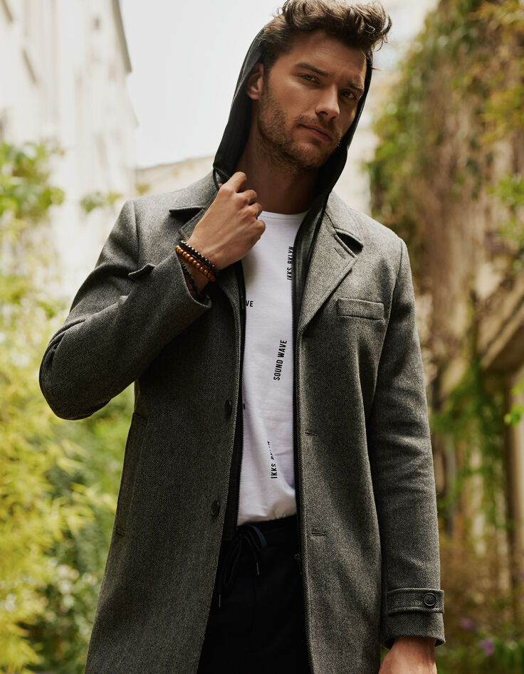 Manteau gris souris à chevrons à capuche Homme-1