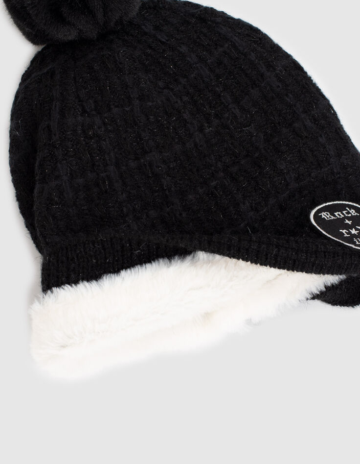 Bonnet noir tricot fantaisie fourré fille-4
