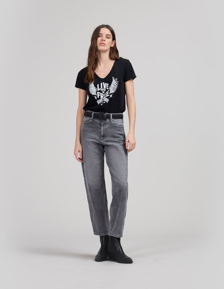 Zwart T-shirt opdruk gevleugelde tekst Dames-1